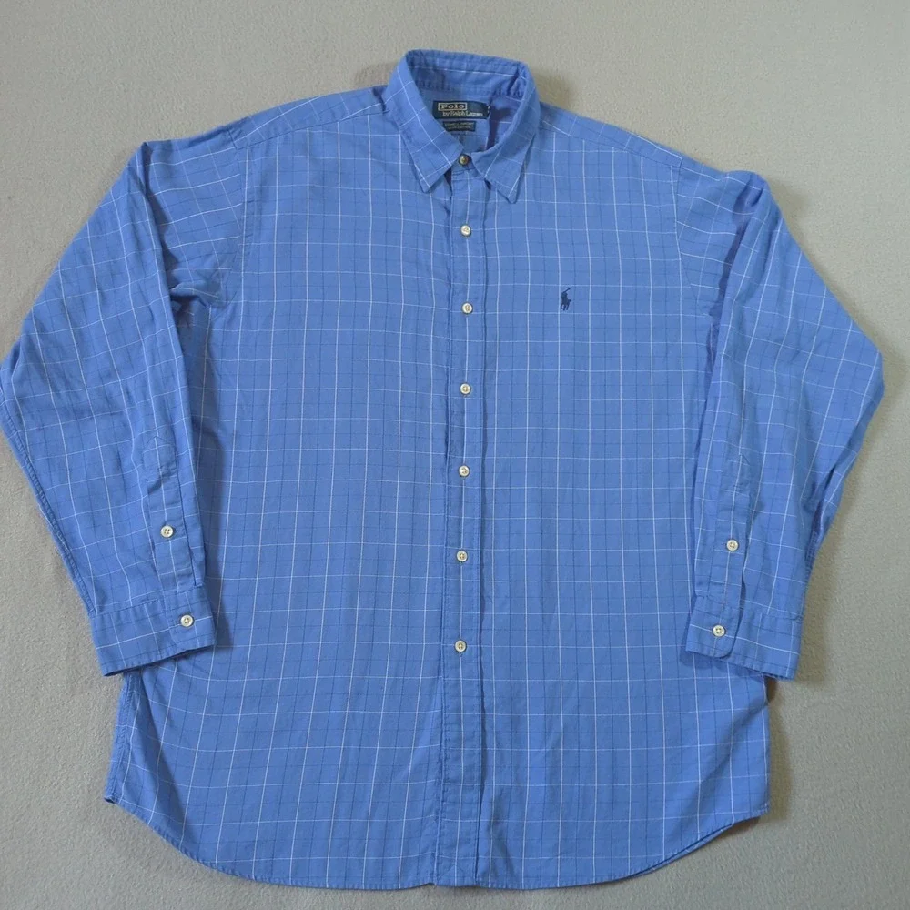 Polo Ralph Lauren Lowell Sport Shirt Mens Large Blue Windowpane‎ Check Cotton